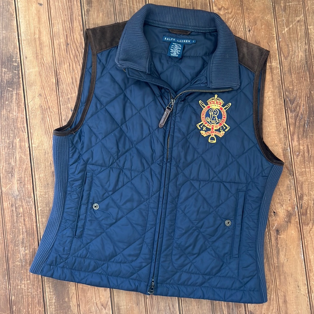 Ralph Lauren Ladies Quilted Navy Vest Equestrian Barn Vest Embroidered